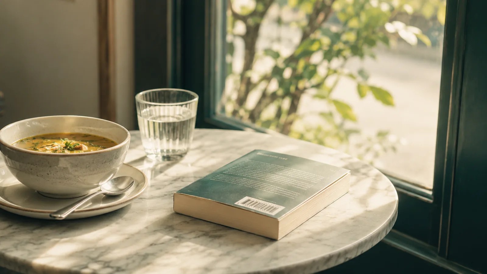 A bowl of soup, a glass of water and a paperback on a small marble café table beside a sunlit window.